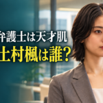 法律事務所を背景にグレーのジャケット姿の土村楓をイメージした女性を配し、「南田南弁護士は天才肌」「秘書・土村楓は誰？」と表示した画像。
