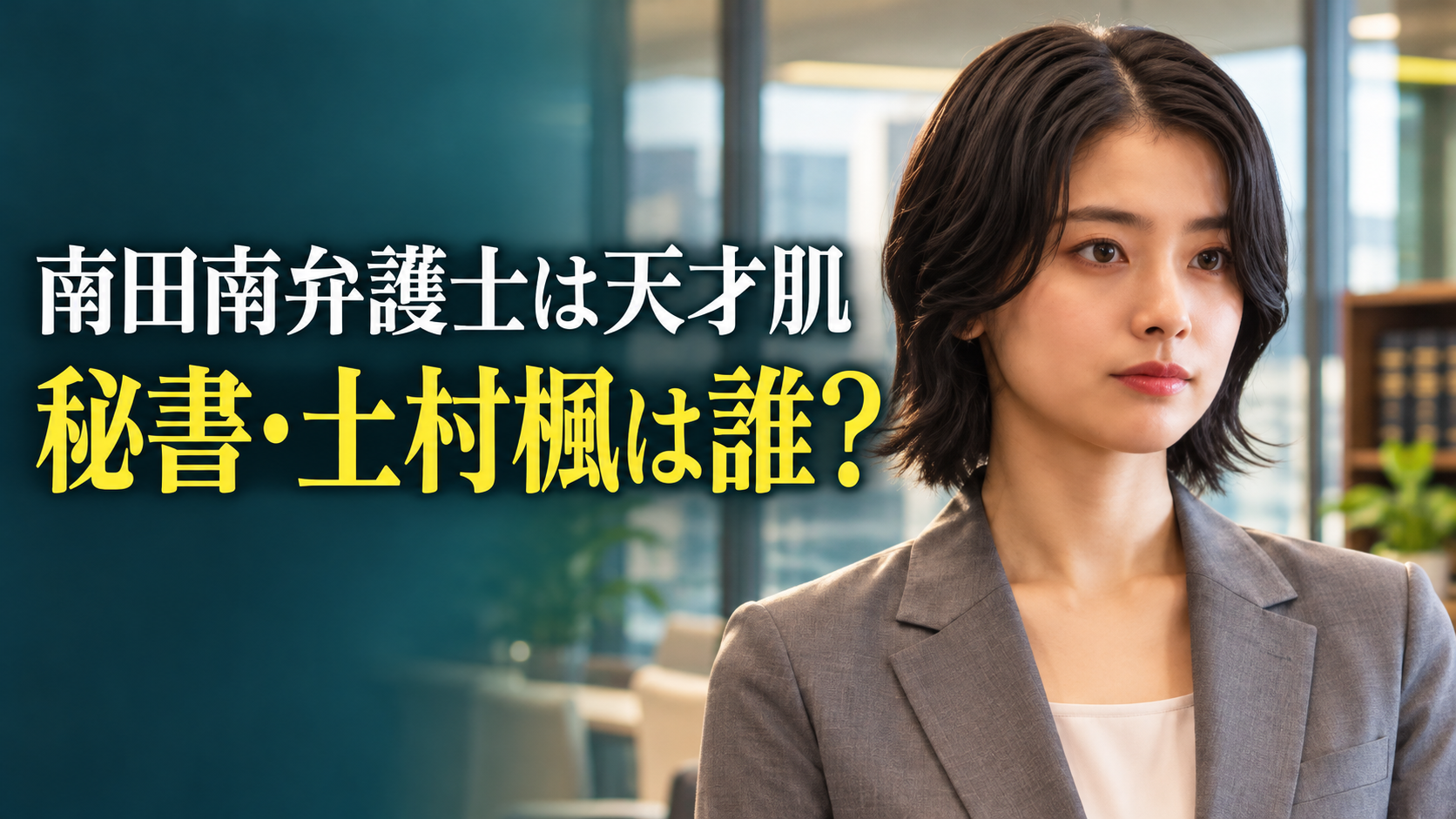 法律事務所を背景にグレーのジャケット姿の土村楓をイメージした女性を配し、「南田南弁護士は天才肌」「秘書・土村楓は誰?」と表示した画像。
