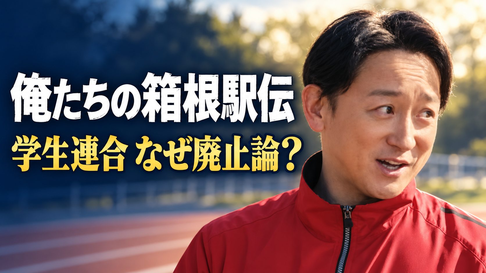陸上トラックを背景に平川庄介役の山本耕史さんを配置し、「俺たちの箱根駅伝」「学生連合 なぜ廃止論?」と記した画像。