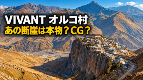 VIVANTのオルコ村をイメージした横長の生成画像。険しい山々を背景に、巨大な断崖の上へ石造りの家々と大きな建物が密集する風景を描き、「VIVANT オルコ村」「あの断崖は本物？CG？」の文字を大きく配置しています。