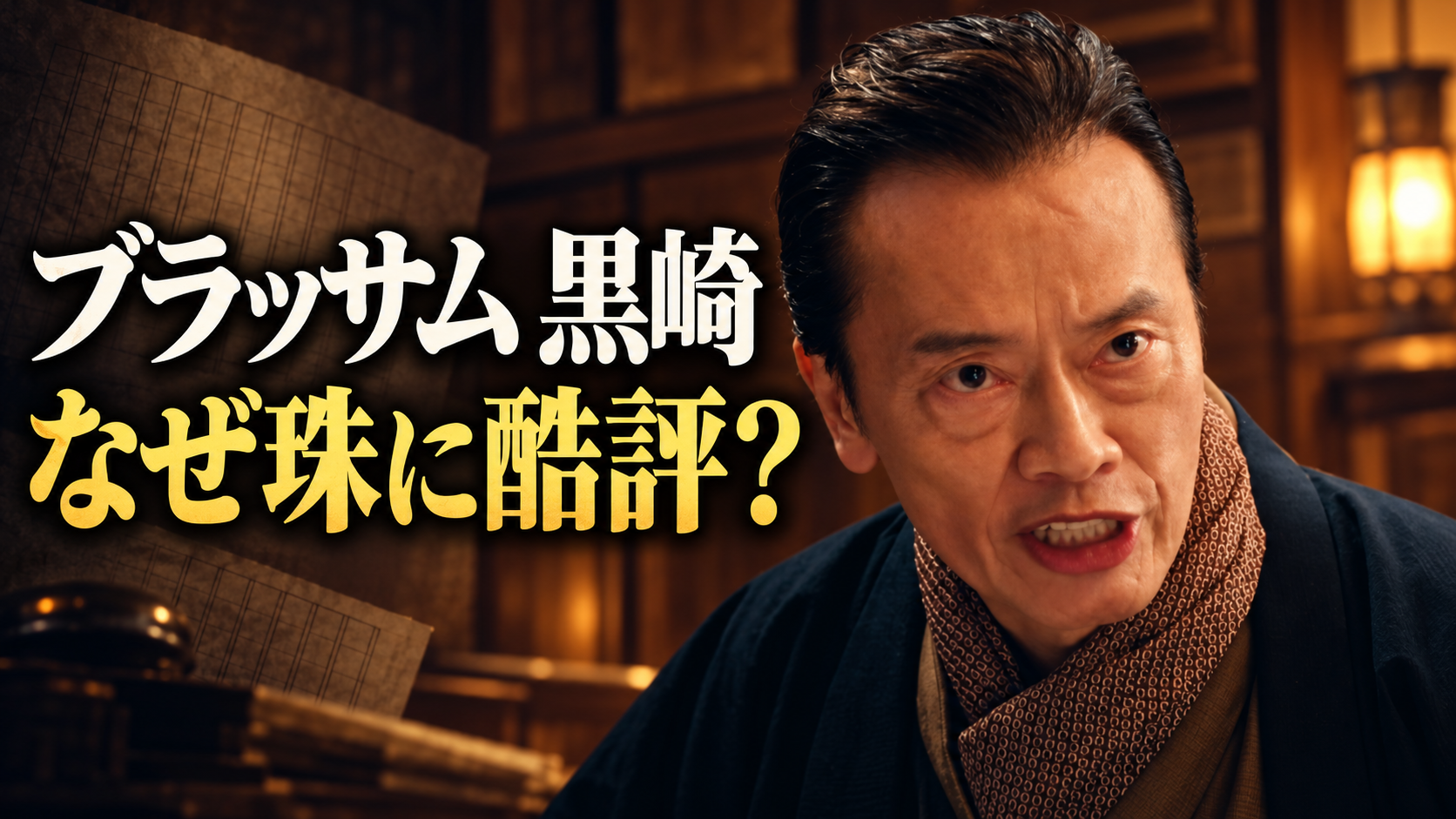 厳しい表情の黒崎と原稿用紙を背景に、「ブラッサム 黒崎」「なぜ珠に酷評？」と記したアイキャッチ画像。