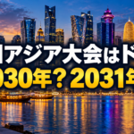 ドーハの夜景を背景に、次回アジア大会の開催年「2030年？2031年？」を示したイメージ画像。