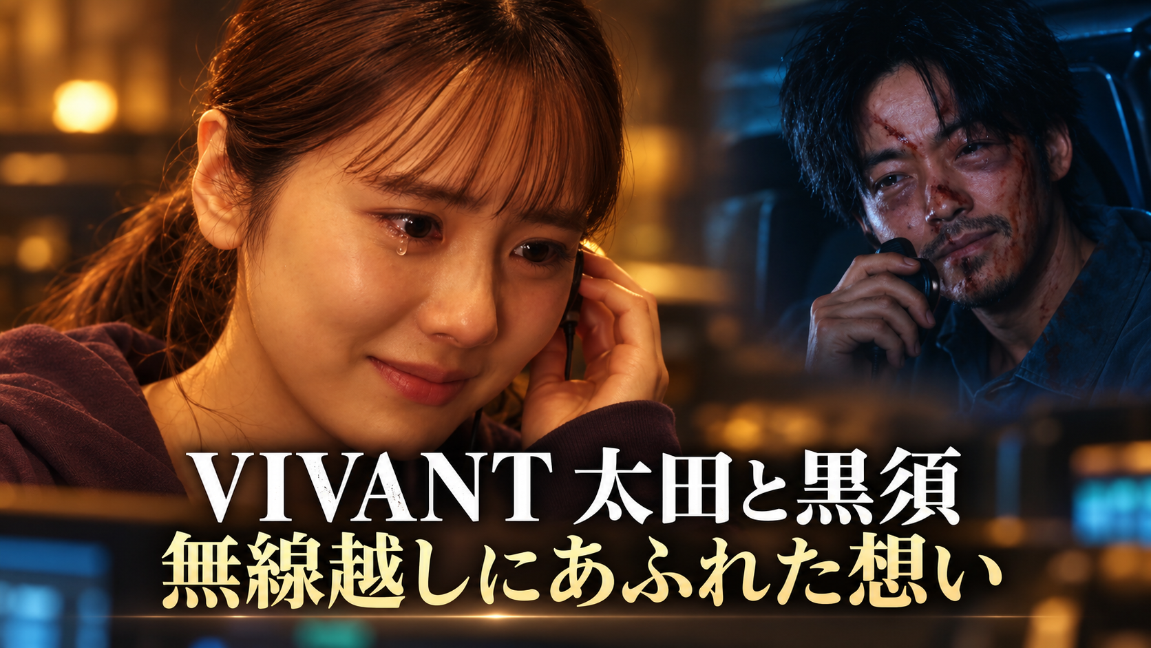『VIVANT』第20話をイメージし、黒須から無線で感謝を伝えられ、耳元に手を添えて微笑みながら涙ぐむ太田梨歩を描いた画像。右側には車内から無線で話す黒須を配置し、「無線越しにあふれた想い」の文字を添えています。