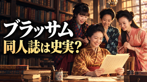 女学校の図書室で原稿を囲む4人の女性と「ブラッサム 同人誌は史実？」の文字を配したイメージイラスト。