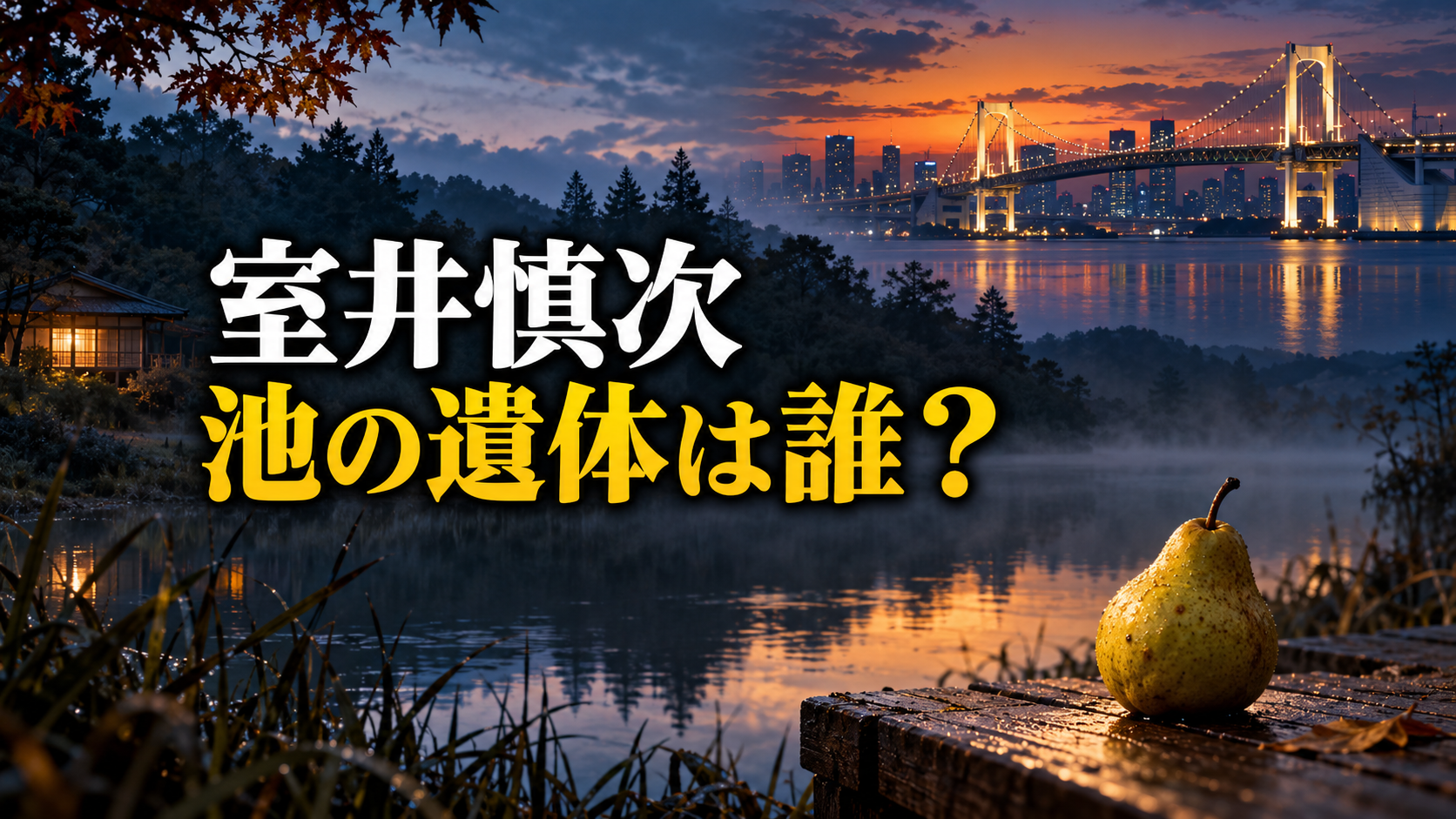 映画『室井慎次』の池の遺体と過去の事件のつながりを表したイメージ画像。夕暮れの池と霧、手前の洋梨、右上のレインボーブリッジを組み合わせ、中央左に「室井慎次」「池の遺体は誰?」の文字を白と黄色で大きく配置しています。