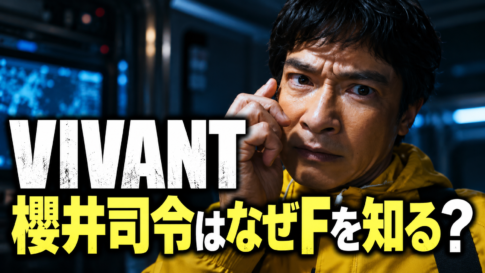 黄色いフード付きの服を着た乃木が、耳元に手を添え、鋭い表情を見せるイメージ画像。青い光が差す暗い背景に「VIVANT」「櫻井司令はなぜFを知る?」と大きく配置し、司令とFの関係をめぐる記事の疑問を表しています。