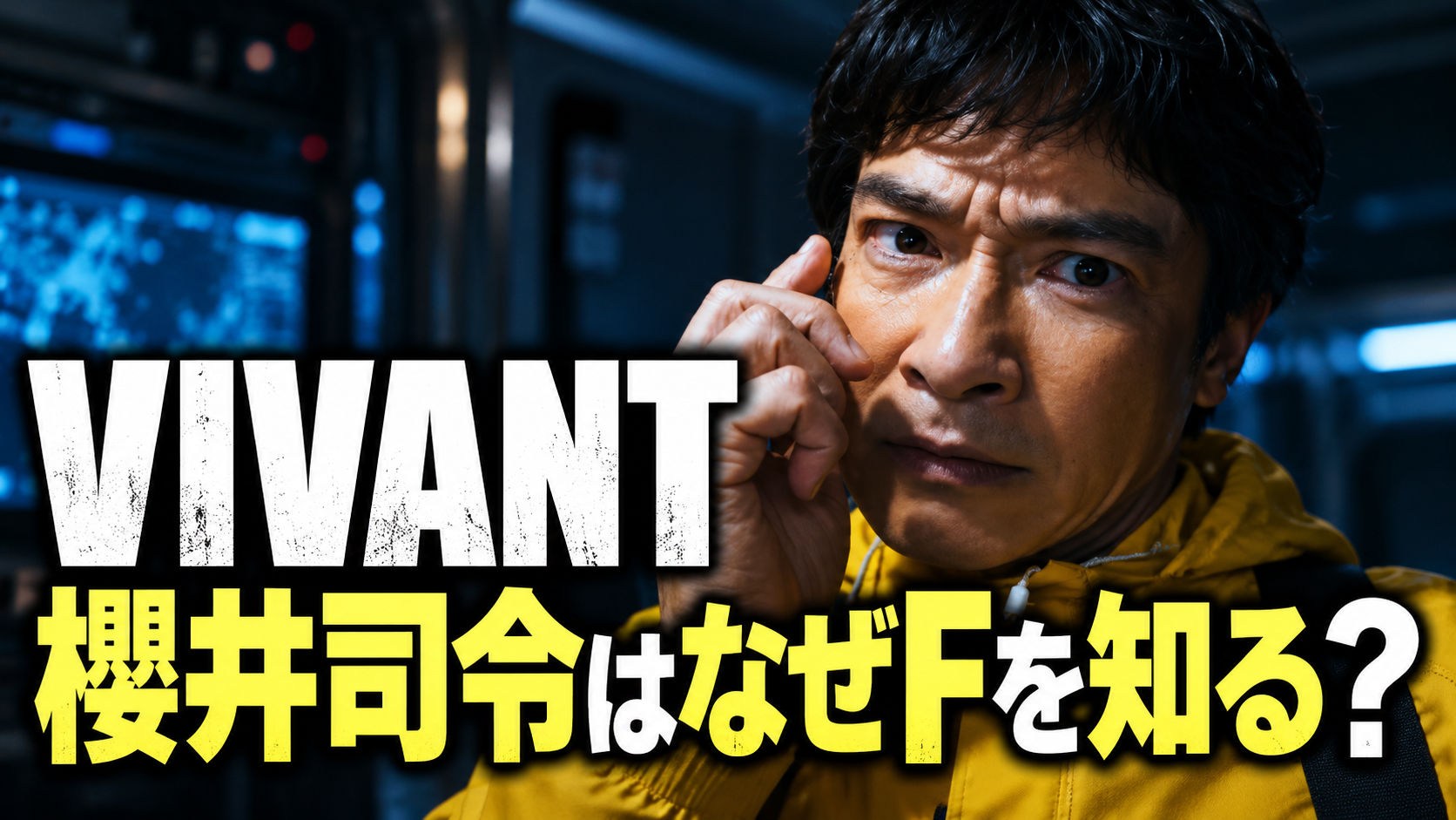 黄色いフード付きの服を着た乃木が、耳元に手を添え、鋭い表情を見せるイメージ画像。青い光が差す暗い背景に「VIVANT」「櫻井司令はなぜFを知る?」と大きく配置し、司令とFの関係をめぐる記事の疑問を表しています。