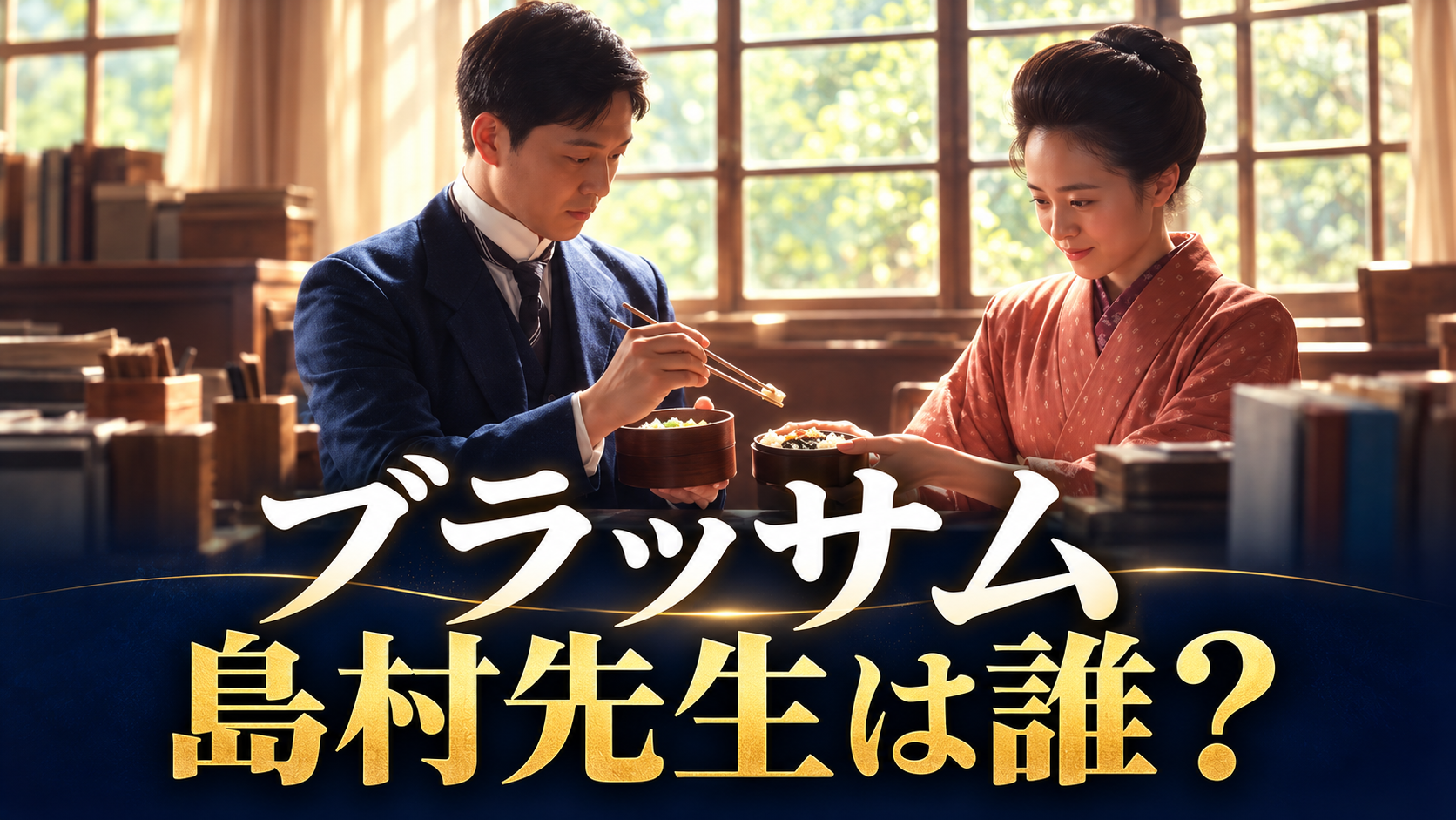 窓から柔らかな光が入る大正時代の職員室で、紺色の上着を着た島村先生と、落ち着いた桃色の着物姿の珠が昼食を共にするイラスト。机には弁当箱や本が並び、下部に「ブラッサム」「島村先生は誰？」の文字を大きく配置しています。