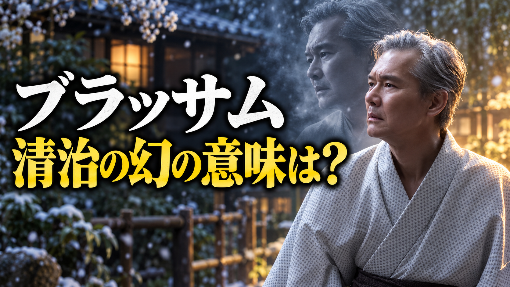 朝ドラ『ブラッサム』の清治をイメージした、灰色の着物姿の男性と背後に浮かぶ半透明の同じ人物。雪が舞う古い日本家屋を背景に、「ブラッサム」「清治の幻の意味は？」の文字を大きく配置し、もう一人の自分を象徴した画像です。