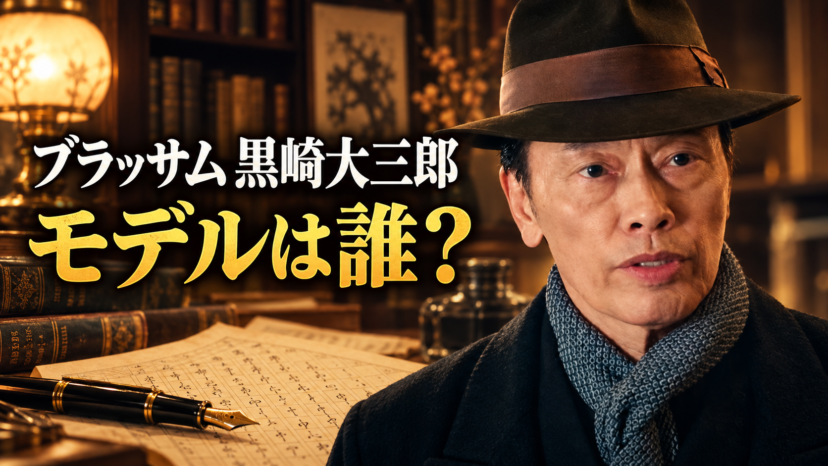 帽子とマフラー姿の黒崎大三郎を右側に配し、書棚や原稿用紙を背景に「ブラッサム 黒崎大三郎」「モデルは誰?」と記したイメージ画像。