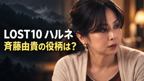 ハルネ役の斉藤由貴さんを参考にした人物イラスト。霧の山を背景に「LOST10 ハルネ」「斉藤由貴の役柄は?」と表示しています。