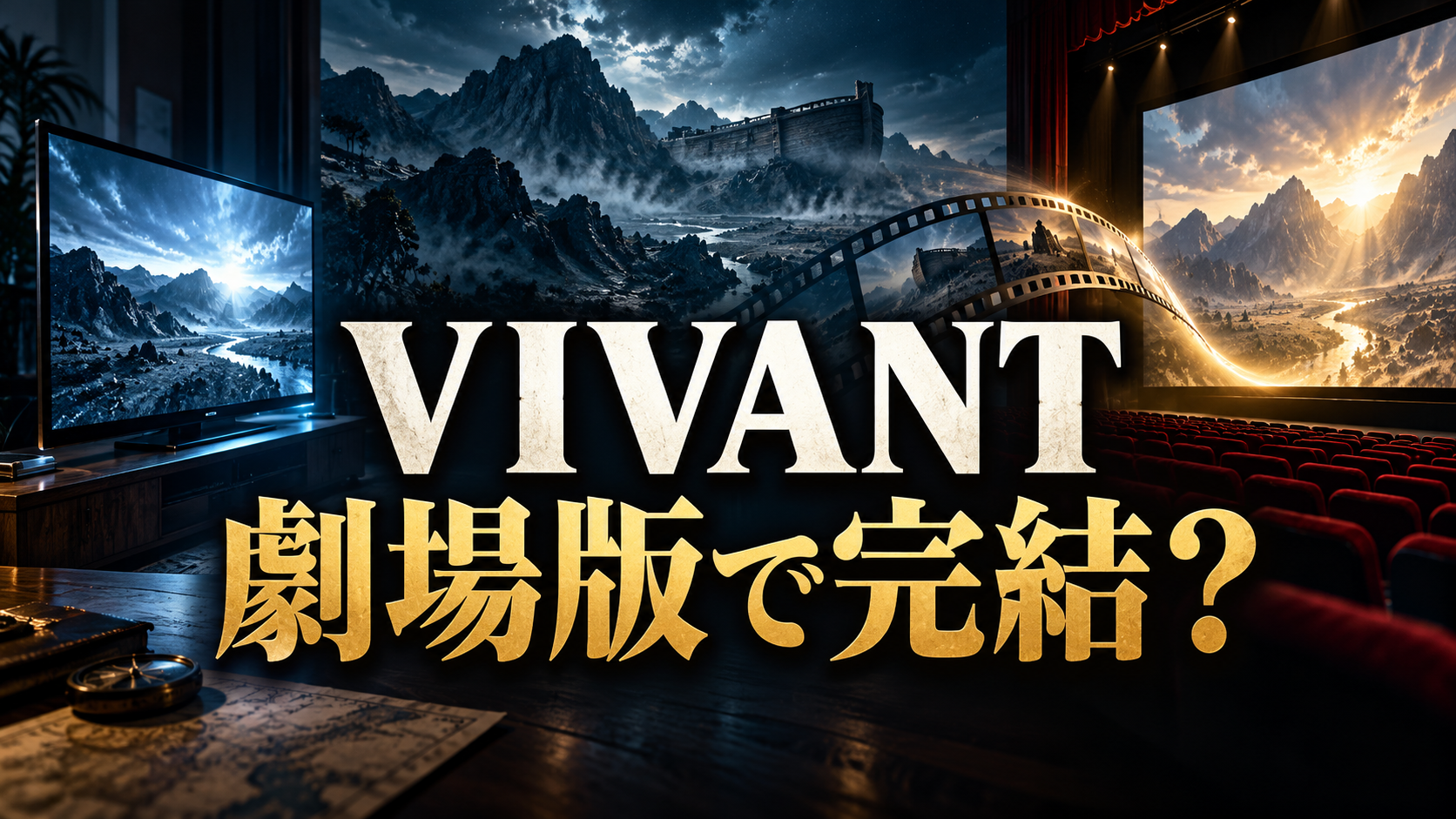 テレビと映画館、山間の方舟を背景に「VIVANT 劇場版で完結？」と記した考察記事のイメージ画像。