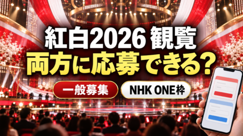 赤と白の装飾と金色の照明が輝く音楽番組風の舞台を背景に、「紅白2026 観覧」「両方に応募できる?」の文字を大きく配置。下部に一般募集とNHK ONE枠のラベル、右側に応募フォームを模したスマートフォンを描いた画像。