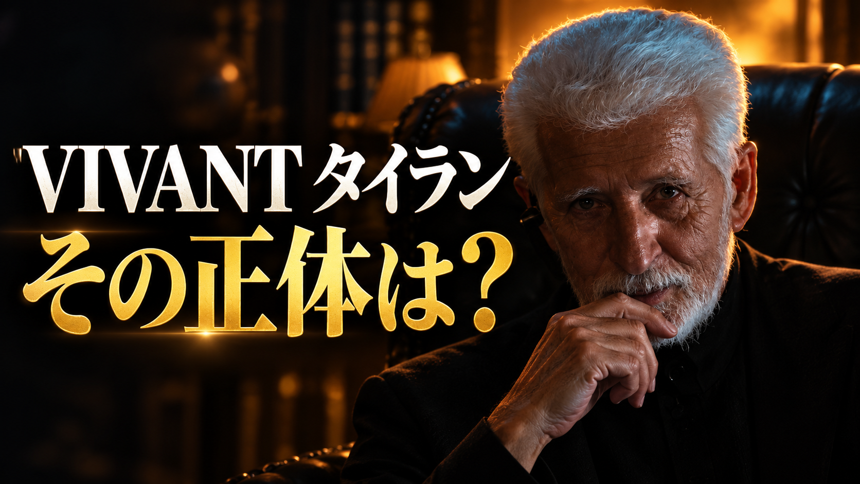 ドラマ『VIVANT』のタイランをイメージした人物が、暗い室内の黒い革張りの椅子に座る横長画像。白髪と白いひげの男性が口元に手を添え、鋭い視線を向けています。左側に「VIVANT タイラン」「その正体は？」と大きく表示されています。