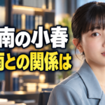 『南田南弁護士は天才肌』の小春役・久保史緒里さんの参考画像をもとにした横長イラスト。青灰色のジャケット姿の女性を右側に描き、法律事務所を背景に、左側へ「南田南の小春」「誰?南との関係は」と大きく表示しています。
