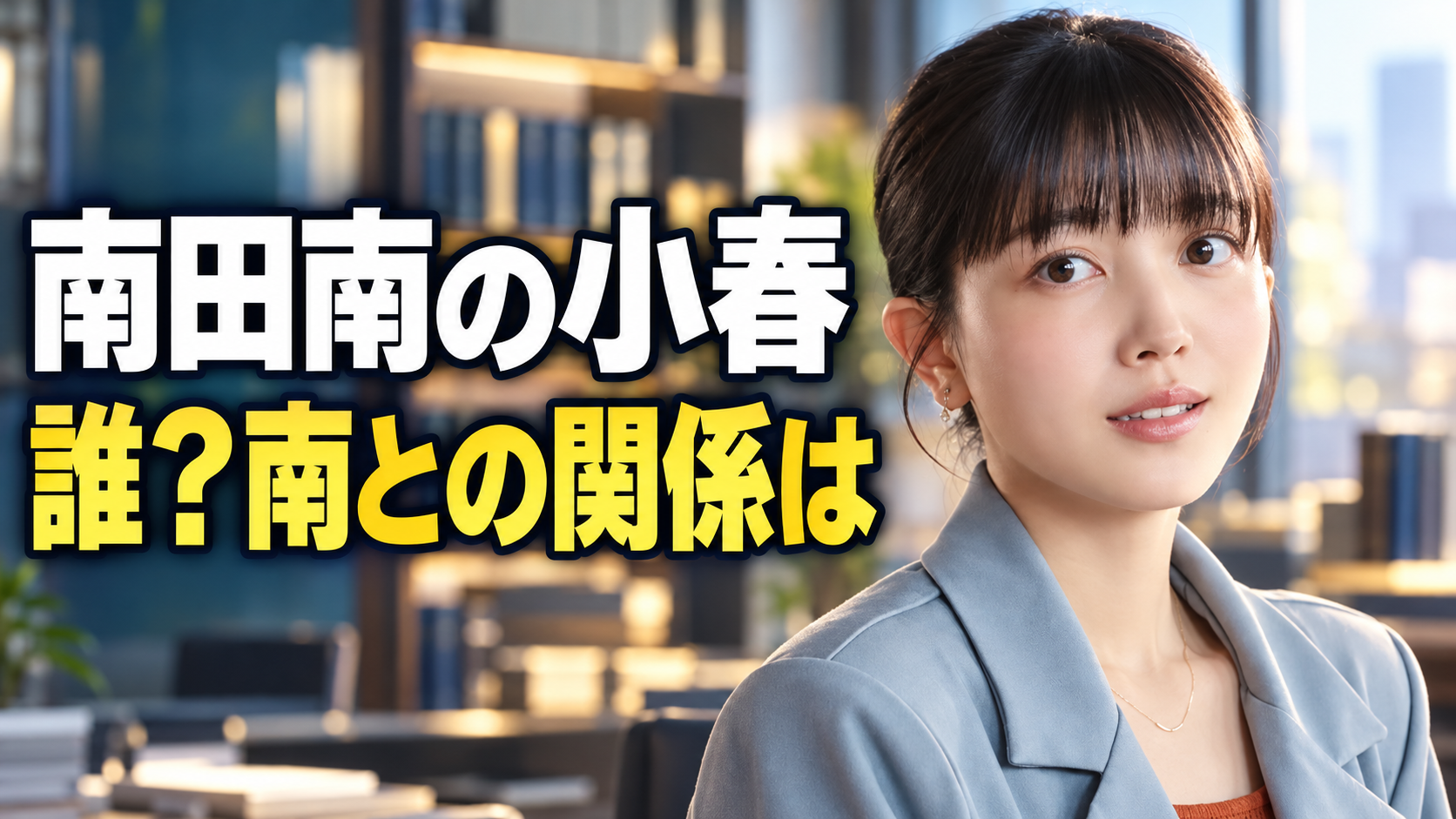 『南田南弁護士は天才肌』の小春役・久保史緒里さんの参考画像をもとにした横長イラスト。青灰色のジャケット姿の女性を右側に描き、法律事務所を背景に、左側へ「南田南の小春」「誰?南との関係は」と大きく表示しています。