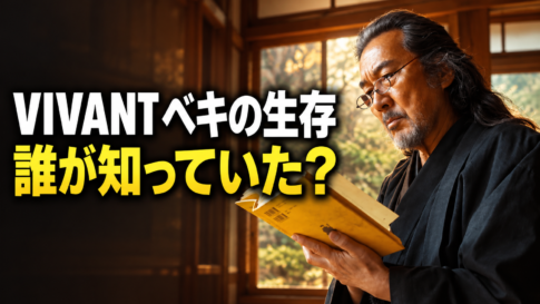 和室で黄色い本を読むベキをイメージした人物と、「VIVANT ベキの生存」「誰が知っていた？」の文字。