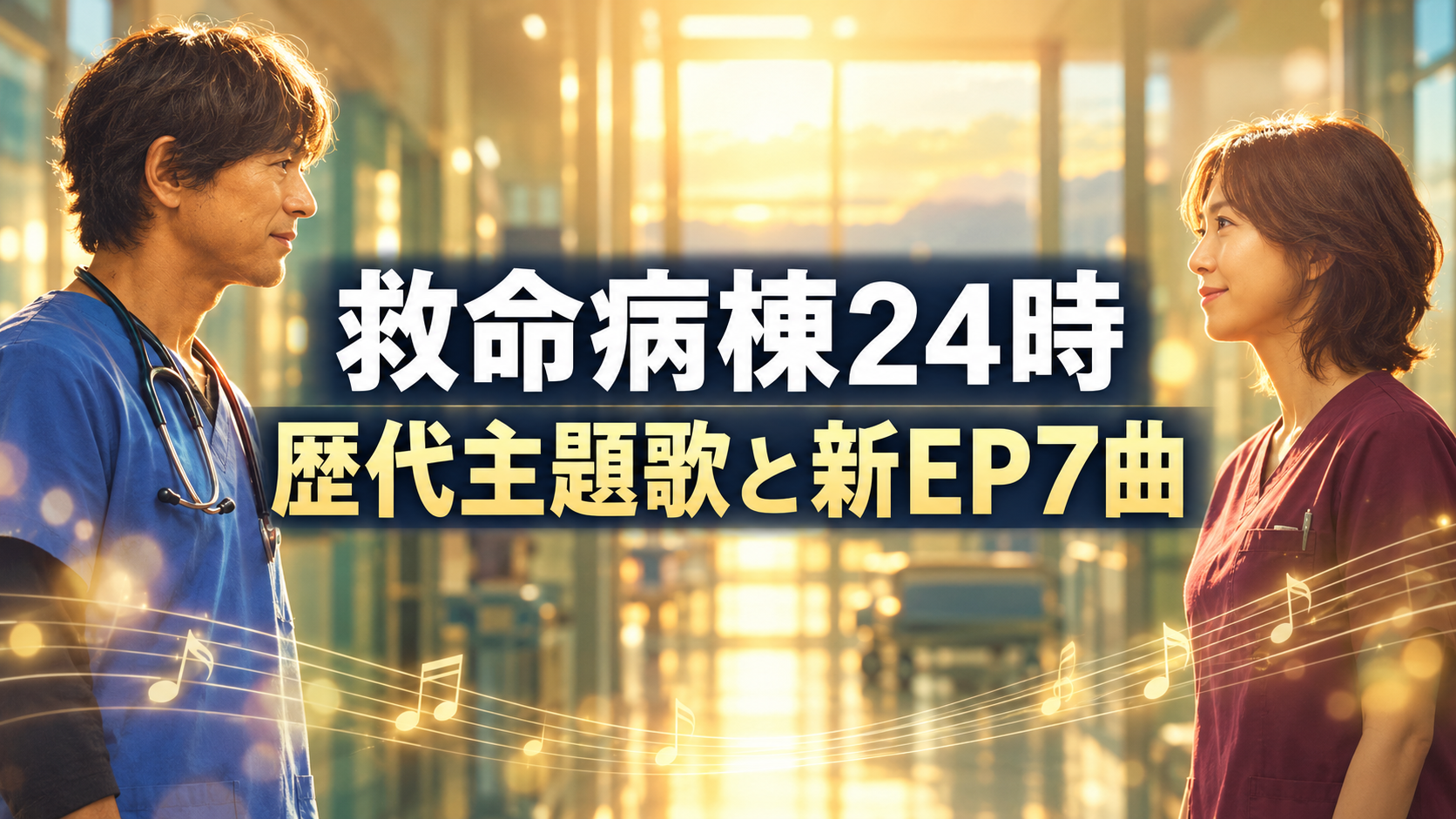 病院で向き合う男女の医師と音符を描き、「救命病棟24時」「歴代主題歌と新EP7曲」と添えたイメージ画像。
