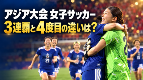 参考画像を基にした女子サッカー日本代表の歓喜のイメージと、アジア大会の「3連覇と4度目の違いは？」の文字。