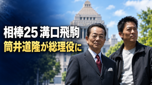 国会議事堂を背景に右京と薫を配し、「相棒25 溝口飛駒」「筒井道隆が総理役に」と記した画像。