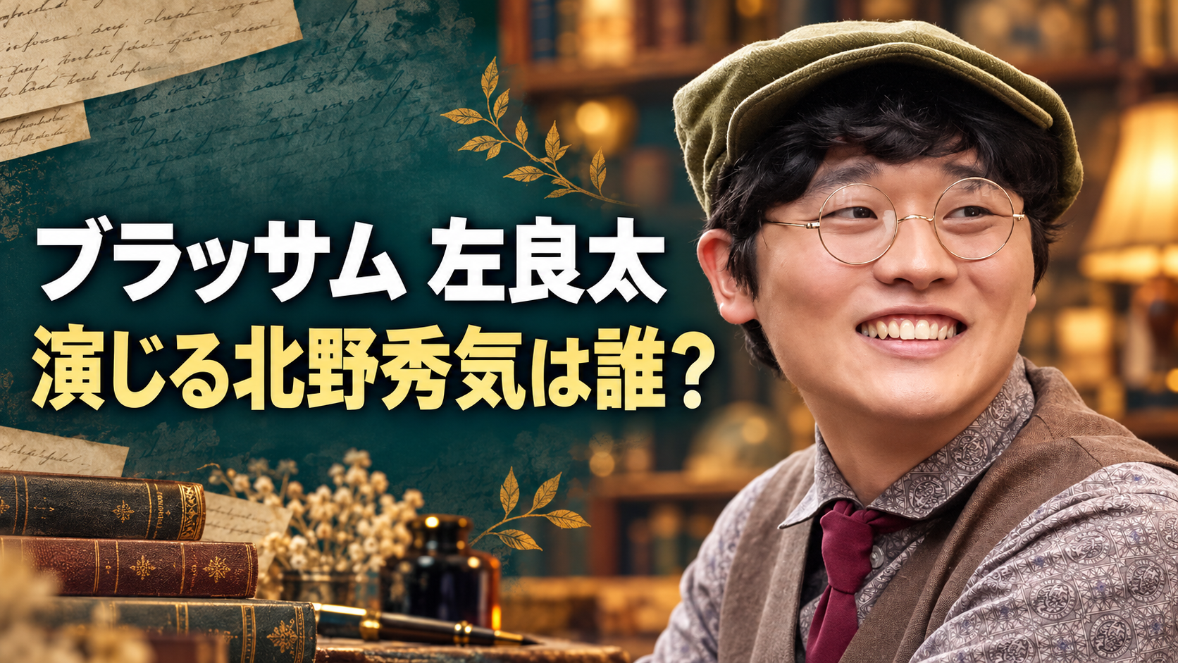 帽子と丸眼鏡姿で笑う左良太役の北野秀気さんと、「ブラッサム 左良太」「演じる北野秀気は誰？」の文字を配置した画像。