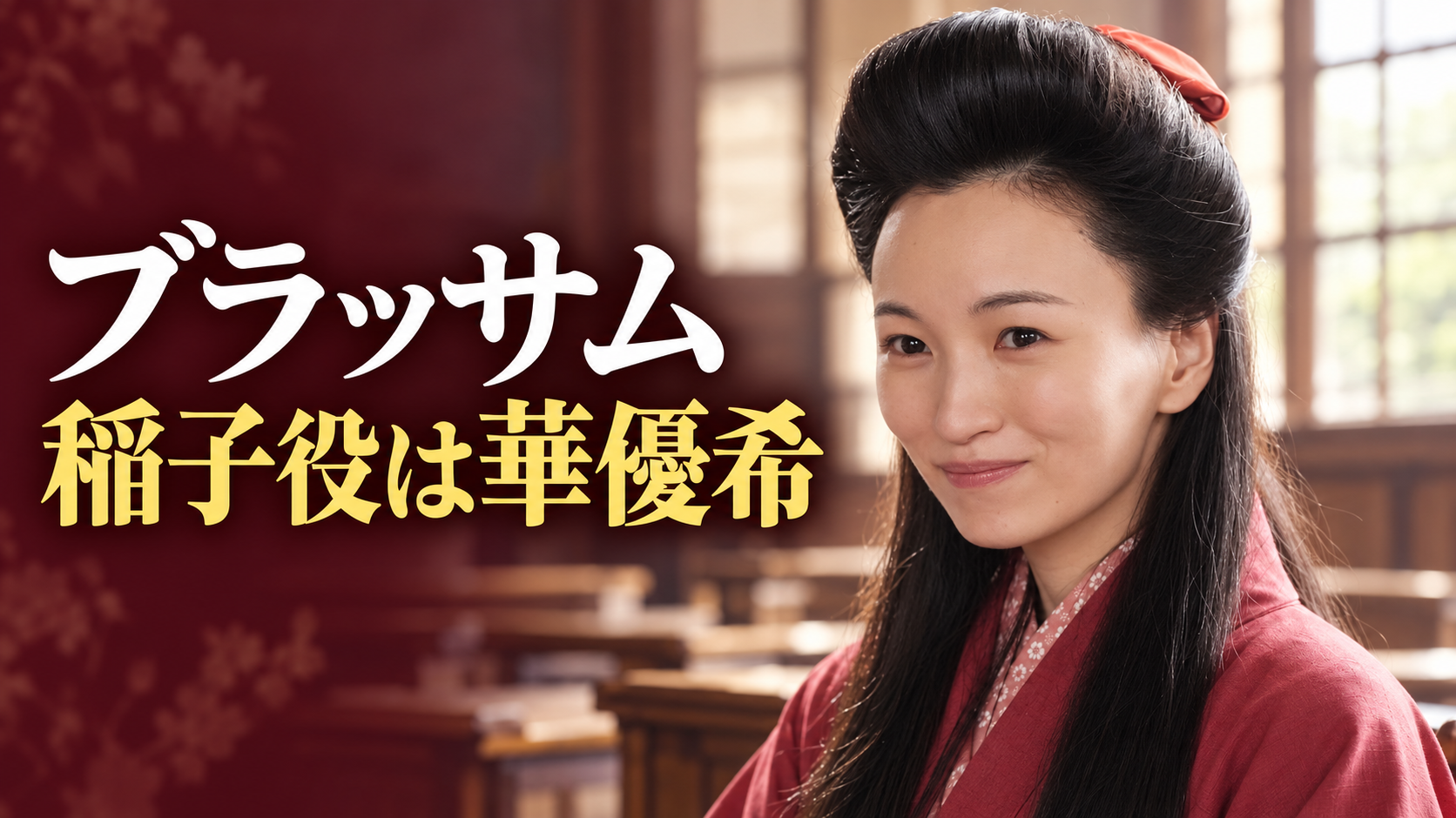 朝ドラ「ブラッサム」の森岡稲子役・華優希さんの参考写真を基にしたイメージ画像。赤い着物と髪のリボンを身に着けた女性が、木の机が並ぶ女学校の教室を背景に微笑み、左側に「ブラッサム」「稲子役は華優希」の文字を配置しています。