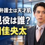 『南田南弁護士は天才肌』の氷見琢磨をイメージした男性が、法律事務所を背景に、濃いスーツと淡い桃色のネクタイ姿で横を見つめる画像。左側に作品名と「氷見役は誰?」「細田佳央太」の文字を白と黄色で大きく配置しています。