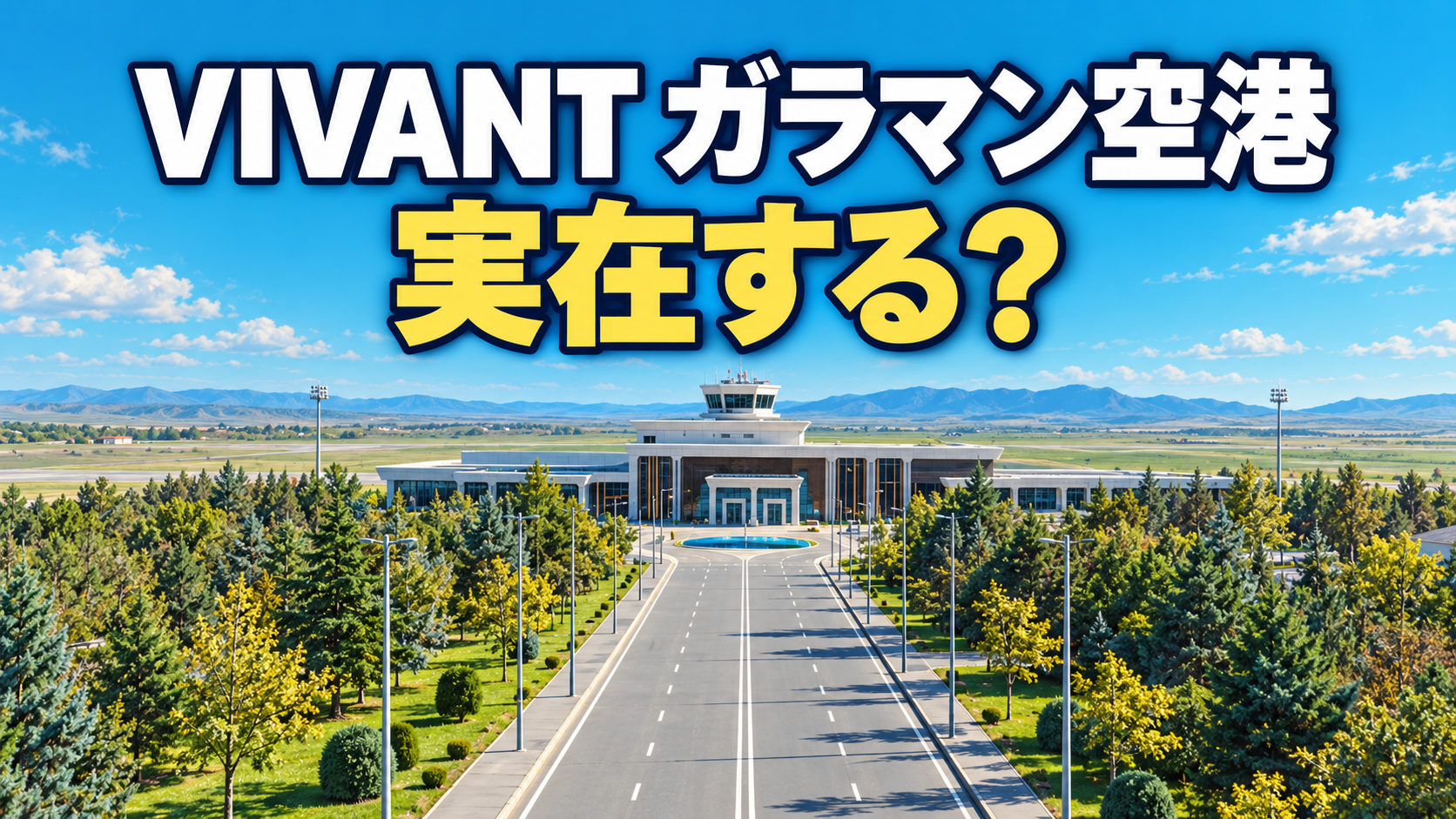 空港ターミナルと並木道を描き、「VIVANT ガラマン空港」「実在する？」の文字を添えたイラスト。