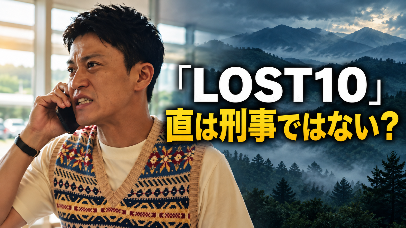 LOST10の直を演じる小栗旬さんの参考画像を基にしたイメージ。左に柄入りベスト姿で電話をする人物、右に霧に包まれた山々を配置し、白字で「LOST10」、黄色の大きな文字で「直は刑事ではない？」と表示しています。