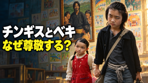 孤児院で手をつなぐ少年チンギスと妹アヌを描いたイメージ画像。背後には子どもたちに囲まれるベキの肖像と色鮮やかな絵が並び、左側に「チンギスとベキ」「なぜ尊敬する？」の文字を配置。二人の関係と少年の過去を表しています。