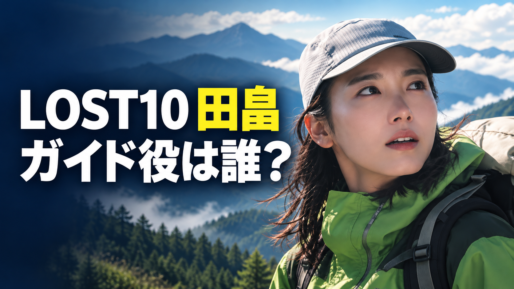 ドラマ『LOST10』の田畠役を紹介するアイキャッチ。灰色の帽子と緑の登山服を着た飯豊まりえさんを参考にした人物を右側に配置し、山並みを背景に、左側へ「LOST10 田畠」「ガイド役は誰？」と大きく表示しています。