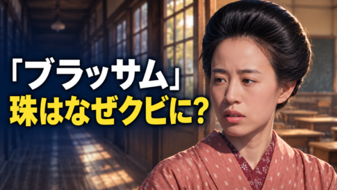 朝ドラ『ブラッサム』の珠をイメージした女性が、木造校舎を背景に、不安そうな表情で左を見つめる横長イラスト。落ち着いた桃色の着物姿を右側に大きく描き、左側に「ブラッサム」「珠はなぜクビに?」の文字を配置しています。