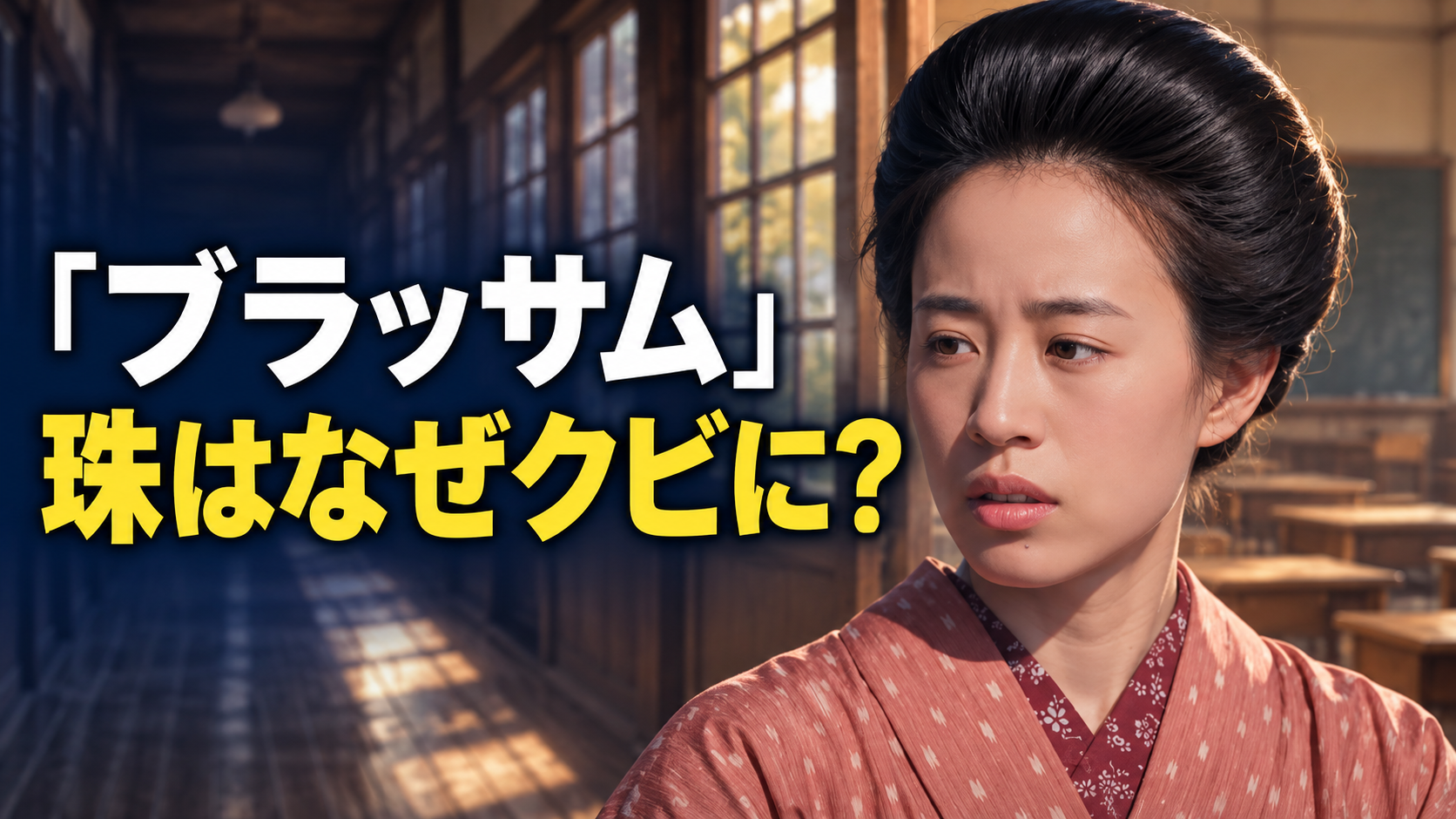 朝ドラ『ブラッサム』の珠をイメージした女性が、木造校舎を背景に、不安そうな表情で左を見つめる横長イラスト。落ち着いた桃色の着物姿を右側に大きく描き、左側に「ブラッサム」「珠はなぜクビに?」の文字を配置しています。