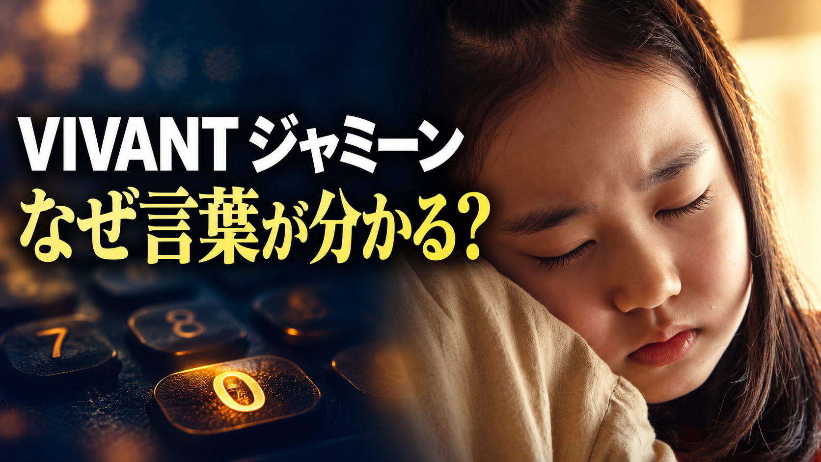 肩に顔を寄せるジャミーンと光る電話の0番キーを背景に、「VIVANT ジャミーン」「なぜ言葉が分かる？」と記した画像。