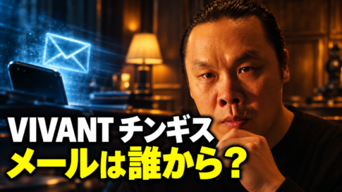 チンギスとスマートフォン、光る封筒を配し、「VIVANT チンギス」「メールは誰から？」と記した考察用画像。