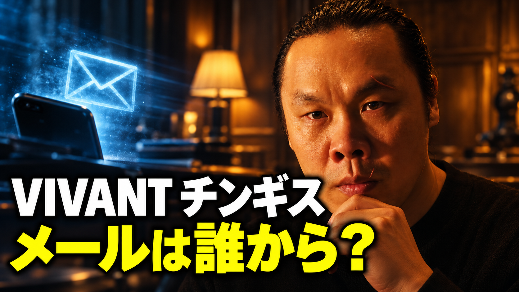 チンギスとスマートフォン、光る封筒を配し、「VIVANT チンギス」「メールは誰から？」と記した考察用画像。